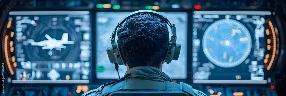 Aufkleber Close up view of a high tech control station for operating advanced combat drones in military surveillance and reconnaissance missions  The digital interface displays critical flight data