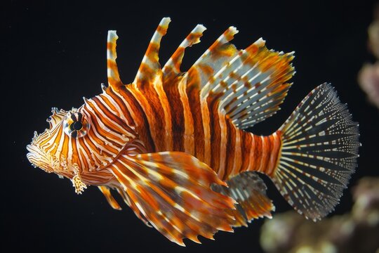 the beside view Short-spined Lionfish, left side view, white copy space on right, Isolated on dark Background