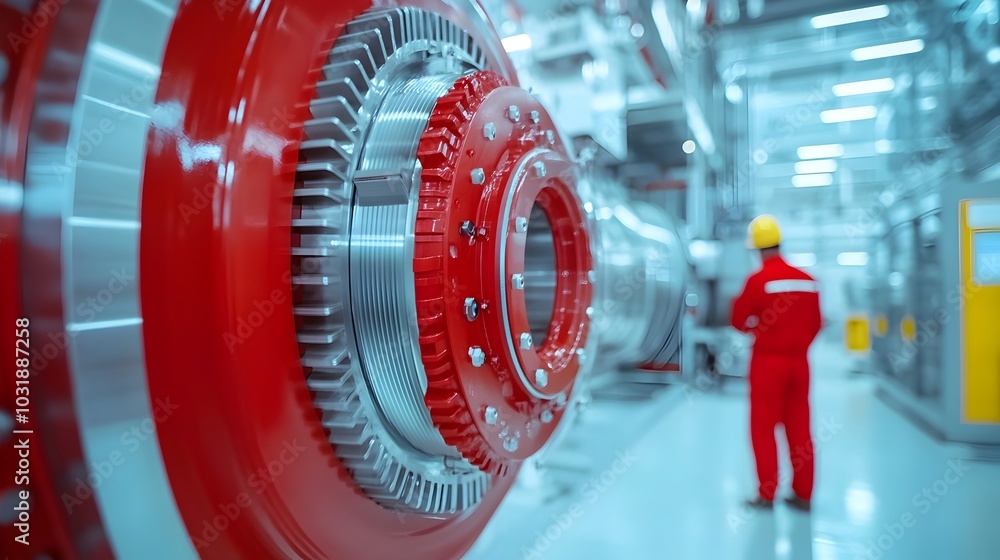 Poster close up view of rotating machinery gears and mechanical components within an industrial refinery pl