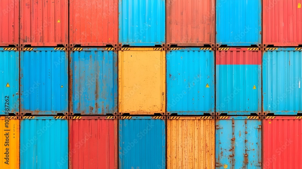 Poster close up view of stacked shipping containers adorned with various international trade labels symbols