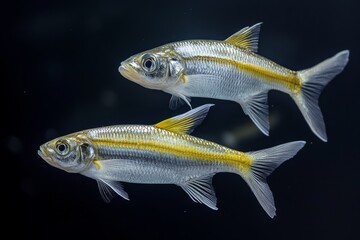 Fototapeta premium the beside view Threadfin Shad, left side view, white copy space on right, Isolated on dark Background