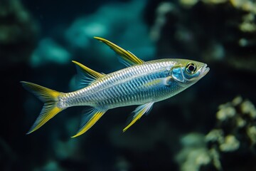 Fototapeta premium the beside view Threadfin Shad, left side view, white copy space on right, Isolated on dark Background