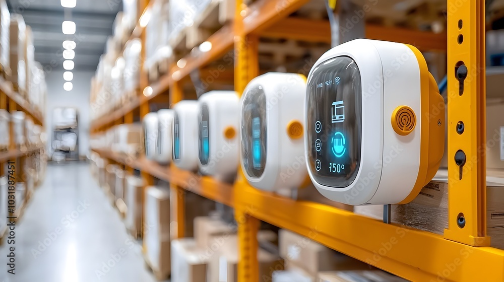 Poster Close up view showcasing an array of IoT temperature sensors installed in an industrial warehouse environment