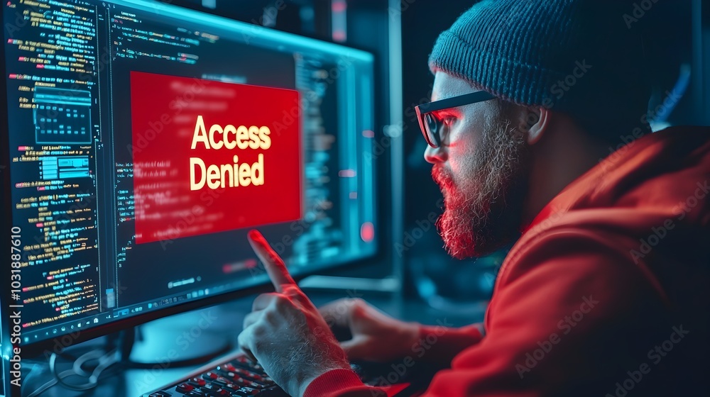 Fototapete Closeup of hacker s hands typing on a keyboard with a red  Access Denied  warning message displayed on the computer screen representing cybersecurity issues data breaches