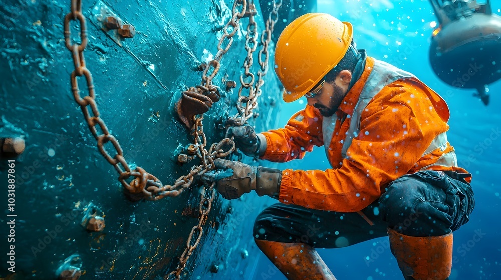 Poster closeup view of workers securing cargo containers with sturdy metal chains and latches on the deck o