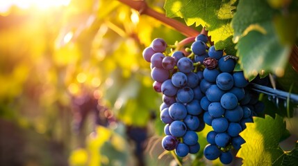 Fototapeta premium Melancholic Beauty: Captivating Sunset View of a Cluster of Blue Grapes in a Vineyard