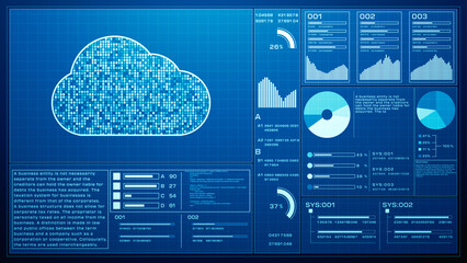 Blue digital cloud computing dashboard displaying data analytics, charts, system metrics, and information graphics, highlighting technology and cloud computing concepts. 3D rendering
