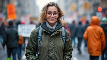 Fototapeta premium Smiling young woman with glasses at urban protest, wearing warm jacket and backpack, surrounded by crowd with signs in city street