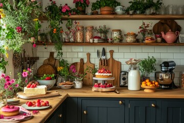 A quaint kitchen filled with charm. Colorful cakes and fresh fruits are displayed on a rustic wooden table. Plants and pottery create a warm atmosphere. Generative AI