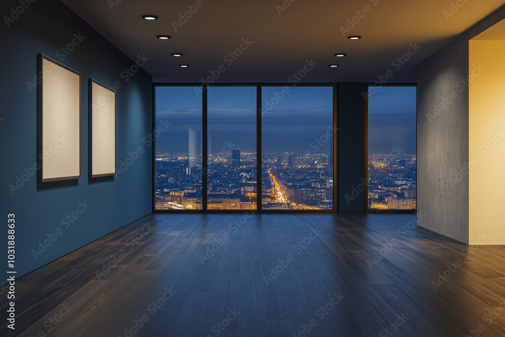 Aufkleber the scene is a 3d rendering of an office with a city view at night with a blank canvas.