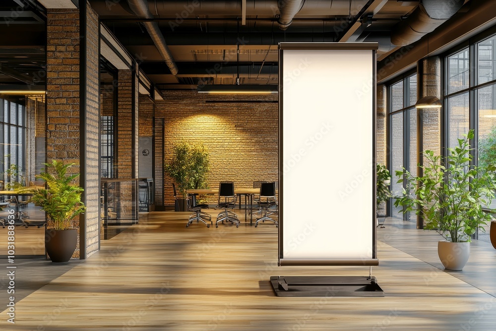 Poster a 3d rendering of the banner is displayed in a modern executive office with glass partitions.