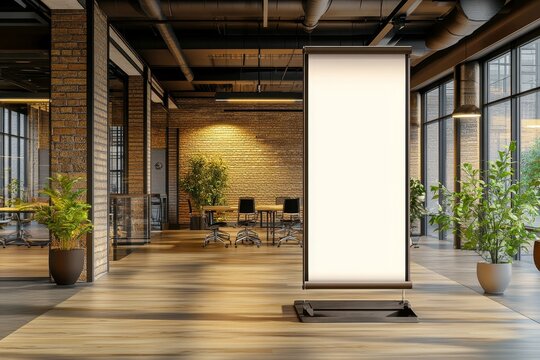 A 3D rendering of the banner is displayed in a modern executive office with glass partitions.