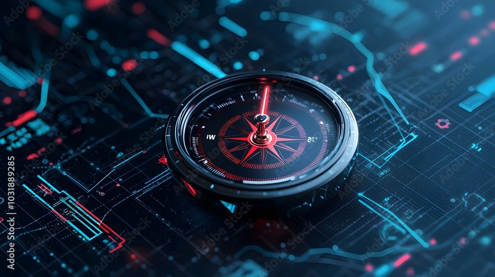 Poster Compass Icon Pointing Towards Success with Graphs and Charts in the Background Representing Data Driven Business Strategy Analytics and Goal Oriented Decision Making