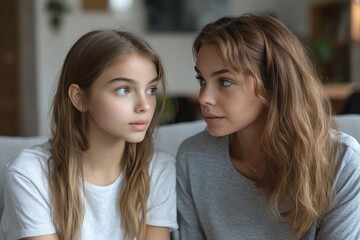 Naklejka premium Young loving mother trying to talk with sad teenager daughter after argument at home, sitting together on sofa, mom trying to reconnect with child, Generative AI