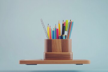 Wooden Pen Holder with Colorful Pencils and Pens
