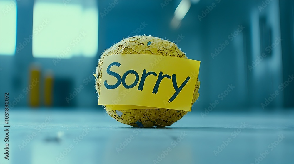 Aufkleber crumpled note with sorry message handwritten on it smoothed out and laid flat on a clean simple surf