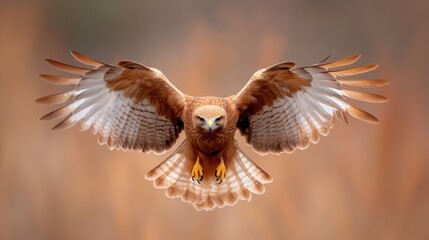 Obraz premium A striking image of a hawk with outspread wings flying towards the viewer, highlighting the intensity, power, and beauty of nature in a dynamic, artistic style.