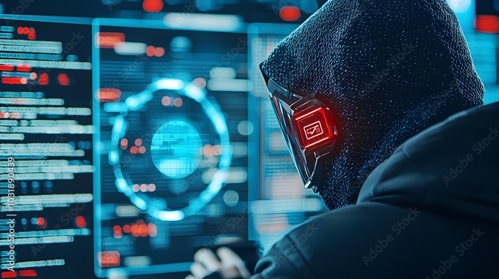 Poster Cybersecurity alert message on laptop screen with blurred hacker face in the background representing unauthorized access and digital security threats