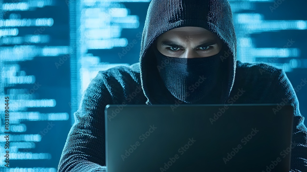 Poster Cybersecurity alert notification on a laptop computer screen with a blurred hacker face in the background representing unauthorized access and data breach