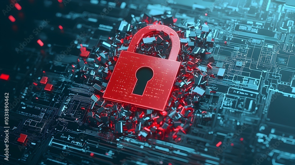 Poster Damaged cloud storage lock icon on screen symbolizing a security breach data loss and the need for robust cybersecurity measures to protect digital files and information
