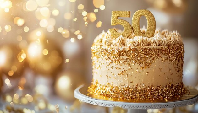 Golden 50th Birthday Cake with Sparkling Confetti Celebration