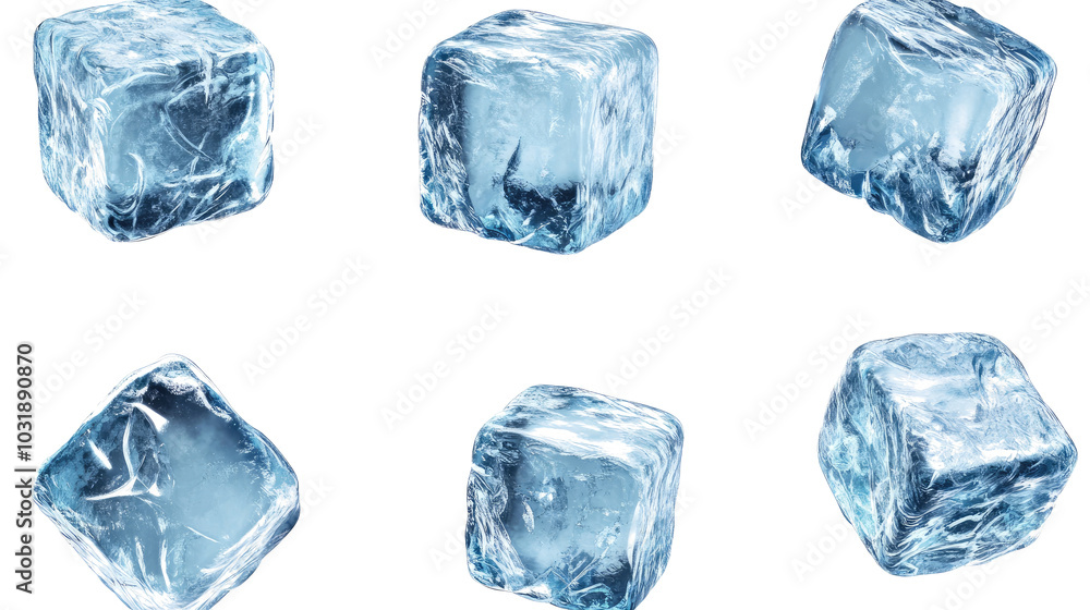 Poster set of clear ice cubes against a transparent background for beverages generative ai