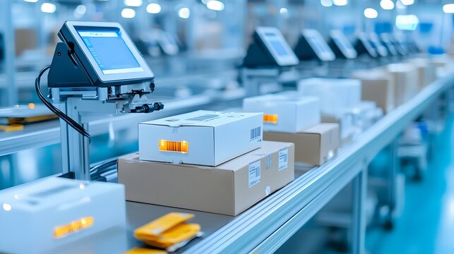 Detailed Close up View of RFID Tags and Readers Used for Automated Inventory Tracking Monitoring and Management Solutions in Retail Warehousing and Supply Chain Applications
