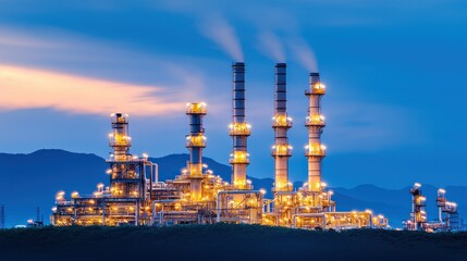 Dazzling industrial landscape at dusk illuminated chimneys and towers showcasing modern manufacturing power