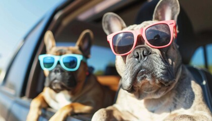 Cool French Bulldogs in Sunglasses Enjoying a Car Ride