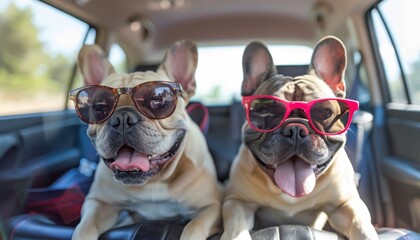 Cool French Bulldogs in Sunglasses Enjoying a Car Ride