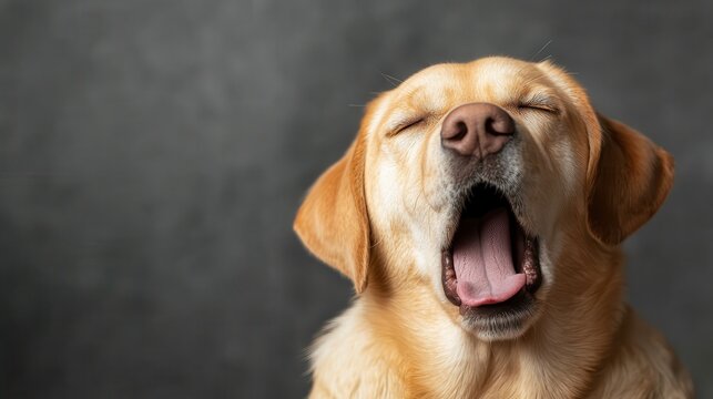A labrador retriever yawns widely, its eyes closed, against a subtly textured grey backdrop, exuding charm and playful languor in a calm atmosphere. - Powered by Adobe