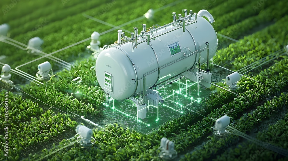 Poster Detailed engineering diagram showing the components and workings of an automated timer based underground water tank irrigation system for agricultural or landscape applications