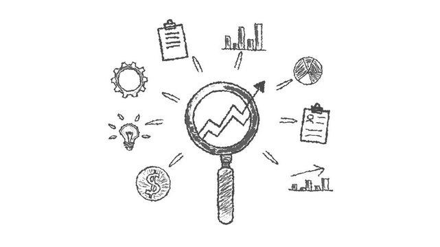 Business Analysis Concept A hand-drawn magnifying glass with line graph upward trend, surrounded by sketched icons. ideal for presentations or infographics