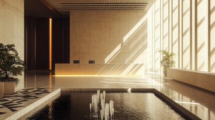 Obraz premium A sleek 1980s corporate lobby with a minimalist water feature