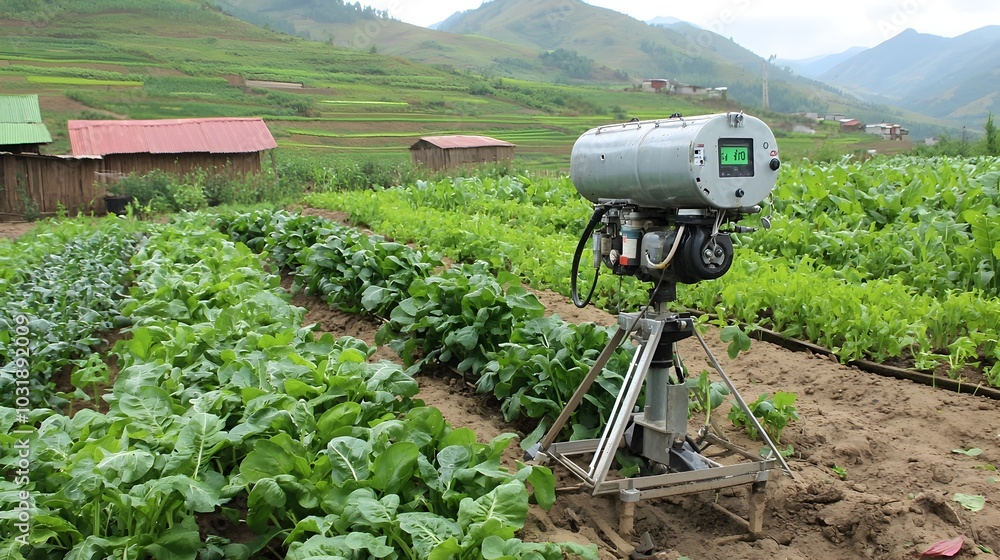 Poster Detailed technical diagram showcasing the design and components of an automated underground tank irrigation system for efficient water management in gardens farms and agricultural landscapes
