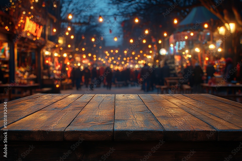 Poster for product montage display, empty wooden table in front of abstract blurry festive background with 