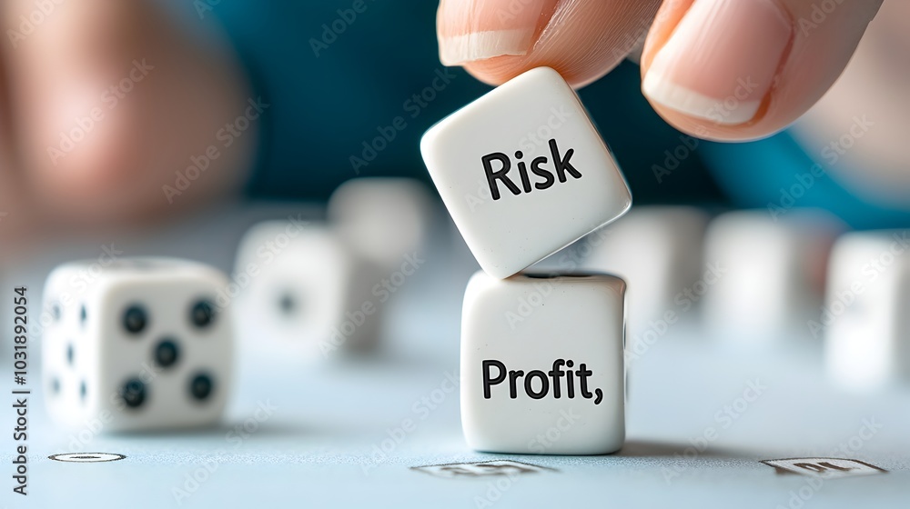 Aufkleber dice with financial terms like risk and profit representing the strategic and analytical decision ma