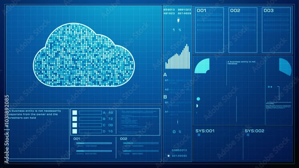 Poster blue digital cloud computing dashboard displaying data analytics, charts, system metrics, and inform
