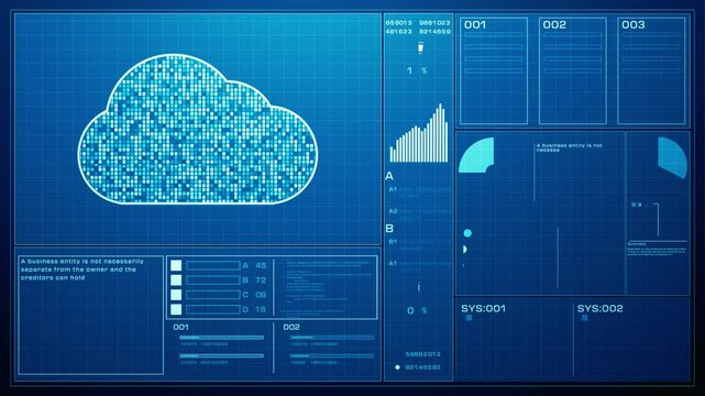 Blue digital cloud computing dashboard displaying data analytics, charts, system metrics, and information graphics, highlighting technology and cloud computing concepts. Animation 4k