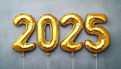 Gold foil balloons forming the number 2025 on a gray background. New year celebration concept.