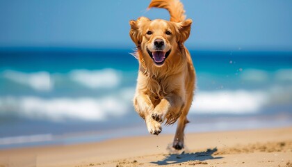 Vibrant Golden Retriever Running on Sandy Beach