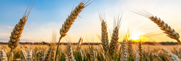  A wheel field bathed in sunset's glow Sun at a distance, clouds above scatter