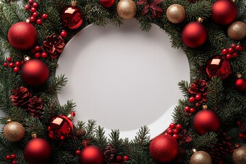 Top view of pine tree wreath with Christmas decorations and blank space in the middle