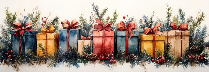 Fototapeta premium The perfect design, print, or background for any Christmas project. Watercolor Christmas Illustration with gift boxes.