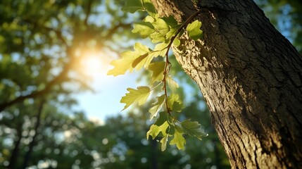 Fototapeta premium Sturdy Oak: A Symbol of Strength and Resilience. This image captures the enduring nature of a mature oak tree, its strong bark, and vibrant leaves symbolizing resilience, growth, and stability.