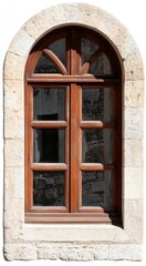 Fototapeta premium Arched Wooden Window with Glass Panes on a White Background