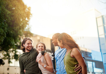 People, happy and walking in city for travel, journey or relationship development. Friends, couples...