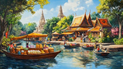 A lively scene of a boat vendor serving coconut ice cream and colorful desserts to tourists, with a backdrop of lush greenery and traditional Thai architecture