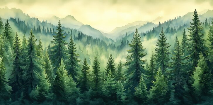 Green pine trees painted in watercolor. Illustration for Christmas and New Year