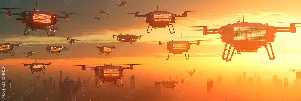 Poster Drones Equipped with Precision Guided Missiles Soaring Over Chaotic Battlefield with Explosive Military Combat Action and Destruction